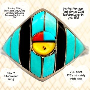 VINTAGE ZUNI STERLING SILVER TURQUOISE INLAY RING By FYC Zuni SIZE 7